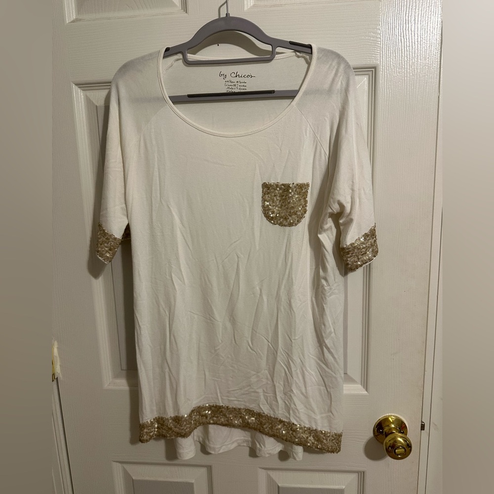 Chicos Soft White Tee with Gold Sequin Detailing